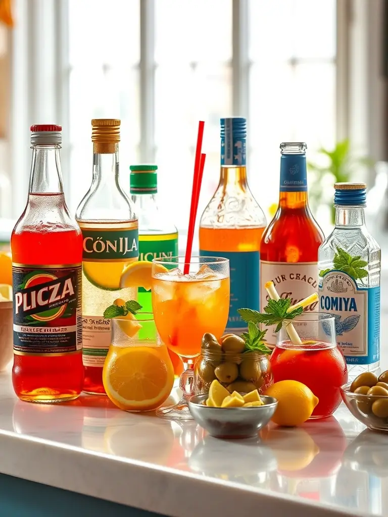 A colorful assortment of mixers (soda, juice, tonic) and garnishes (lemons, limes, olives) arranged attractively, emphasizing freshness and variety, perfect for the 'Mixers' category.